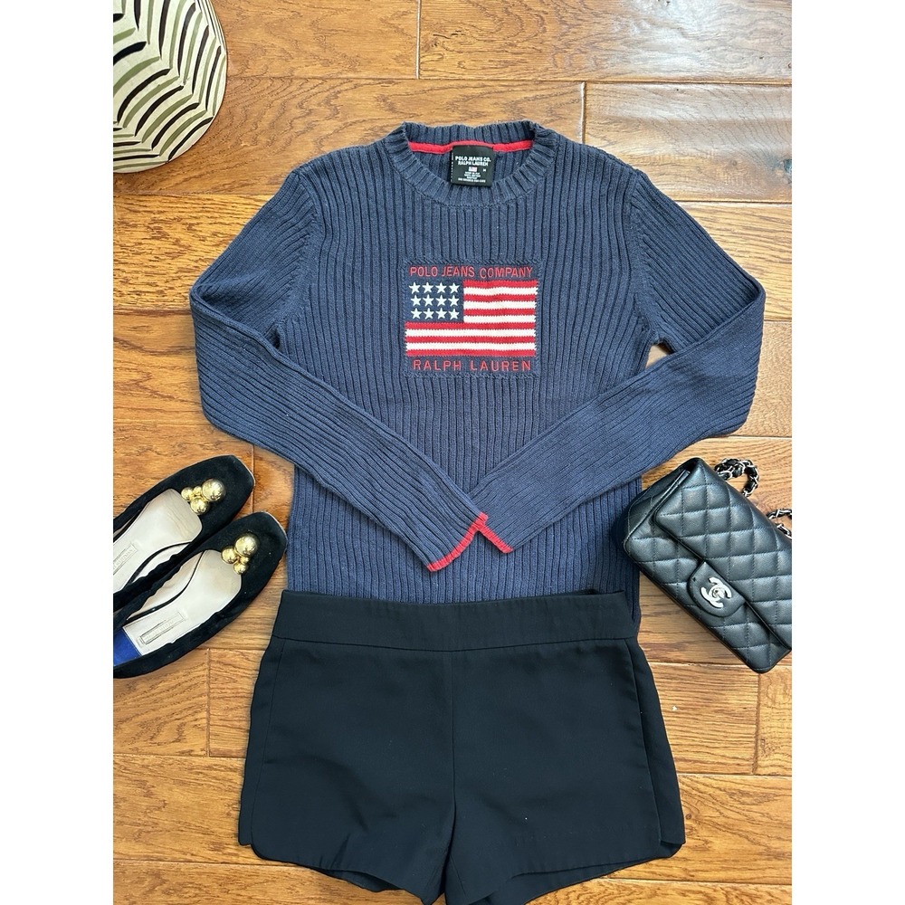 Ralph Lauren Polo Jeans Red White Blue Flag Sweater USA Women Medium Cotton Knit